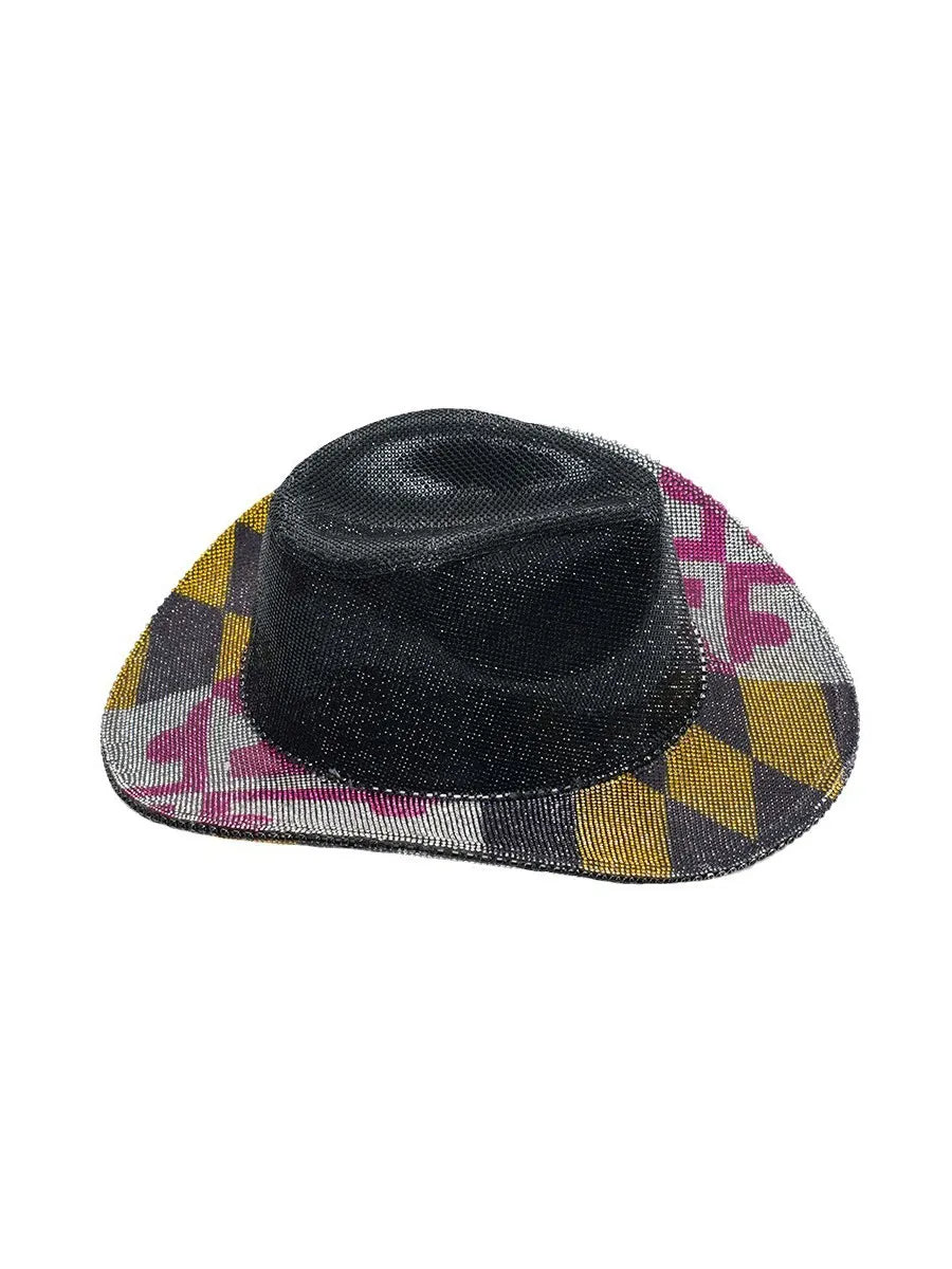 Leilani Color-Block Denim Hat with Rhinestone Embellishments