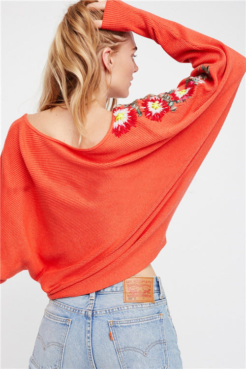 Bohemian National Style Crew Neck Flower Embroidery Thread Loose Sweater Coat