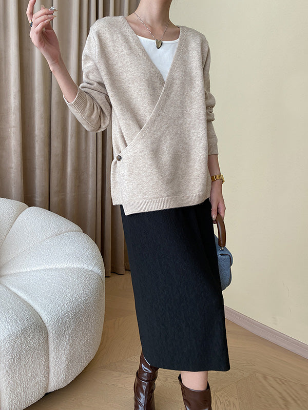 Long Sleeves Loose Asymmetric Buttoned V-Neck Cardigan Tops