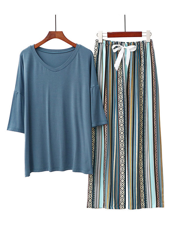 Casual Loose Seven-Quarter Sleeves V-Neck Shirts& Printed Pants Pajama Sets