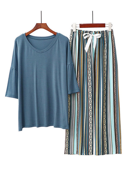 Casual Loose Seven-Quarter Sleeves V-Neck Shirts& Printed Pants Pajama Sets