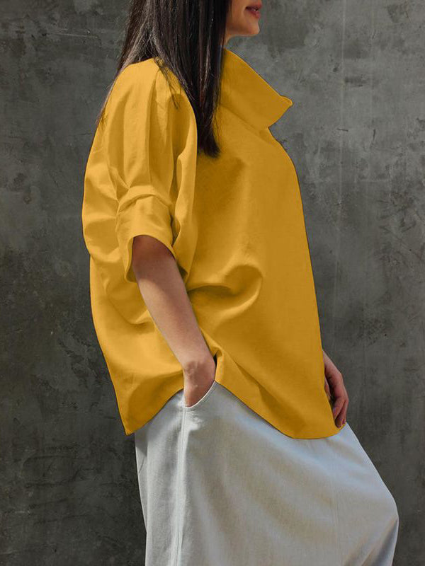 Simple Casual Loose Solid Color High-Neck Half Sleeves T-Shirt Top