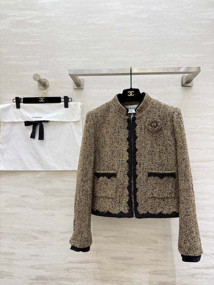 CC 26s Coat 3D Floral Embellished Beige Wool Blend Tweed