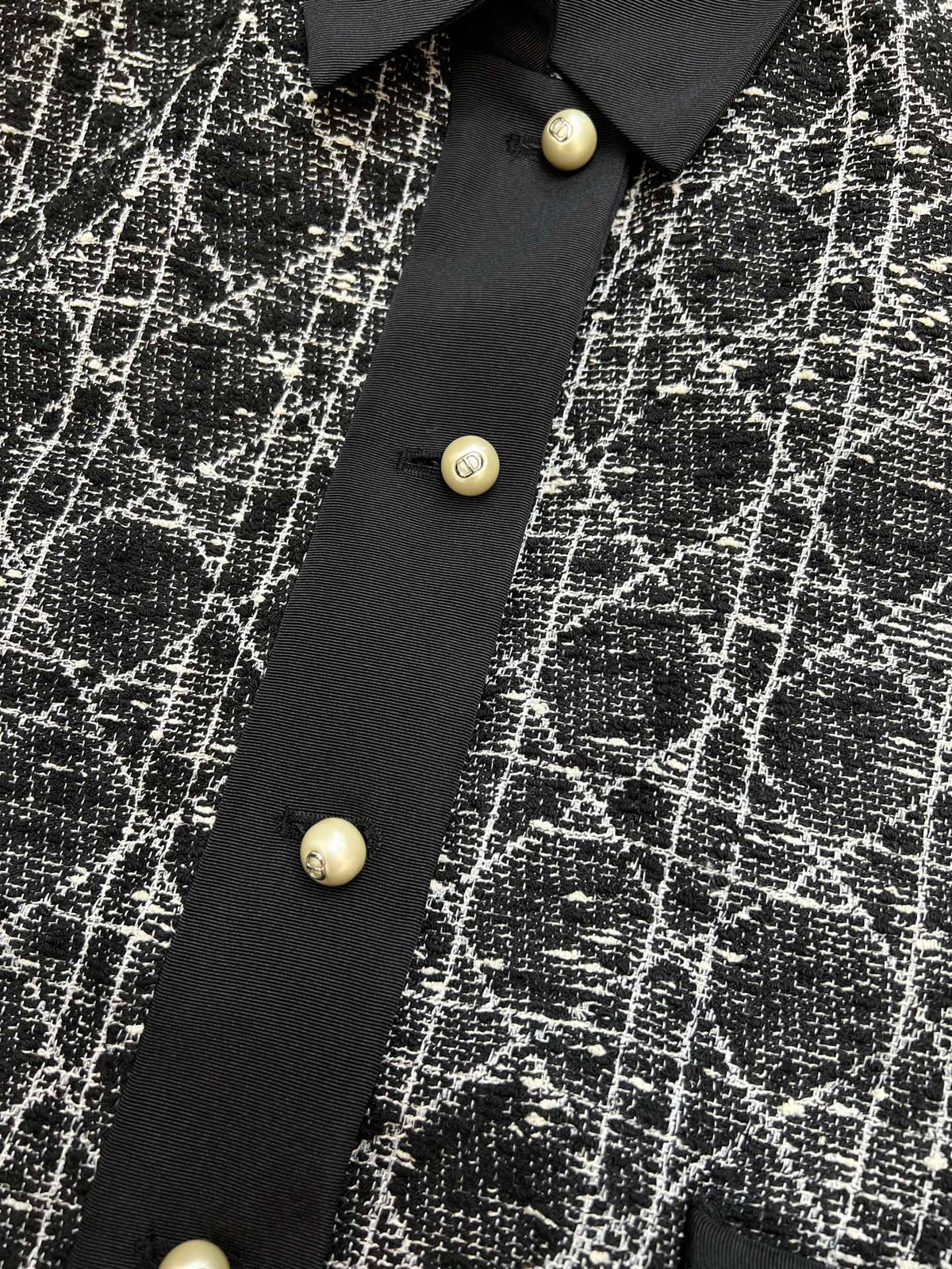 Dior 2025 Cannage Tweed Jacket with Pearl Buttons Black White Cotton