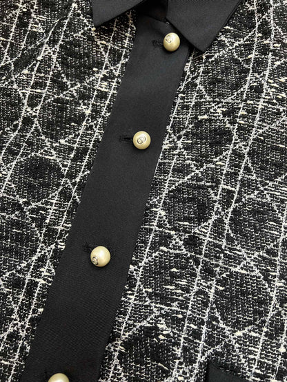 Dior 2025 Cannage Tweed Jacket with Pearl Buttons Black White Cotton