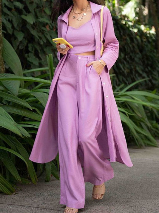 Three-Piece Set Pockets Solid Color Sling&Pants&Cardigan Coats Suits
