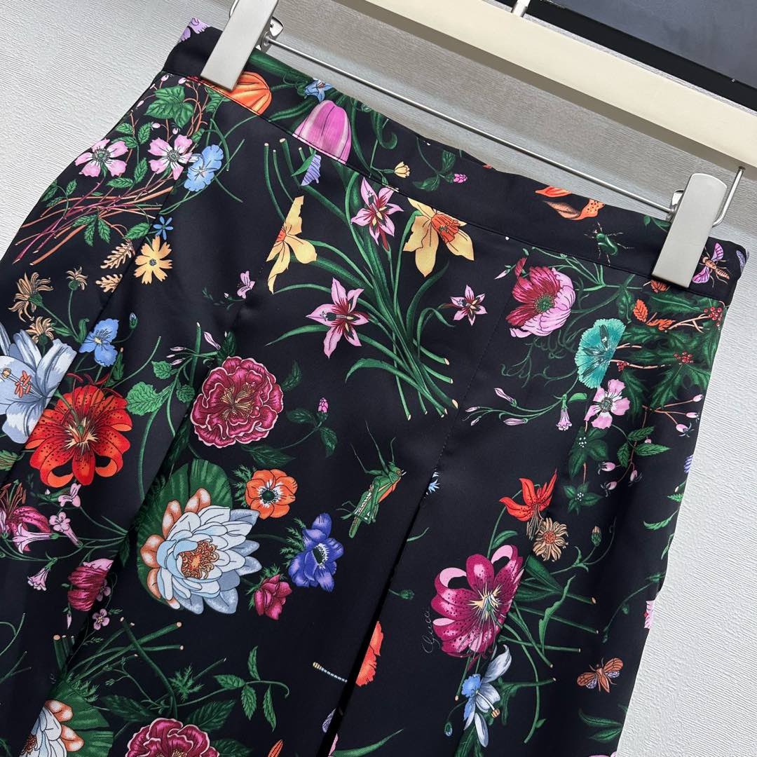 GG SS26 Flora Printed Pleated Midi Skirt Black Multicolor Silk 351778