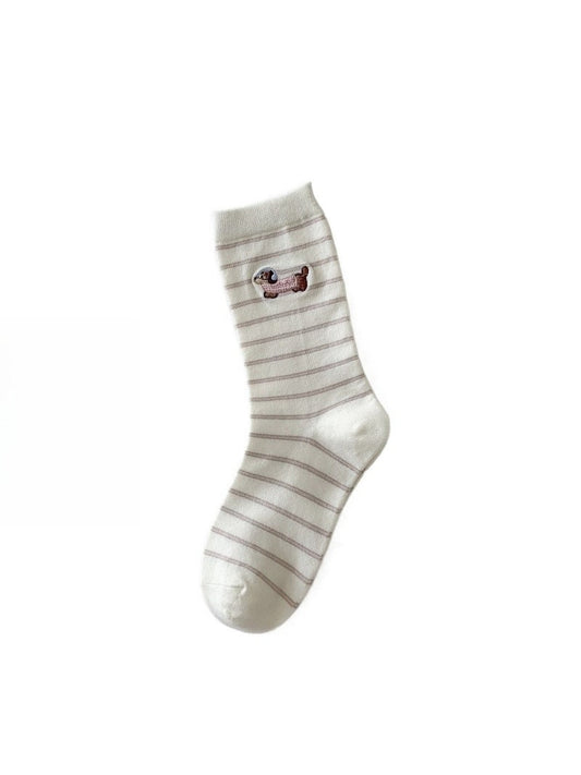 Rufia - Cute Dog Embroidered Mid-calf Socks