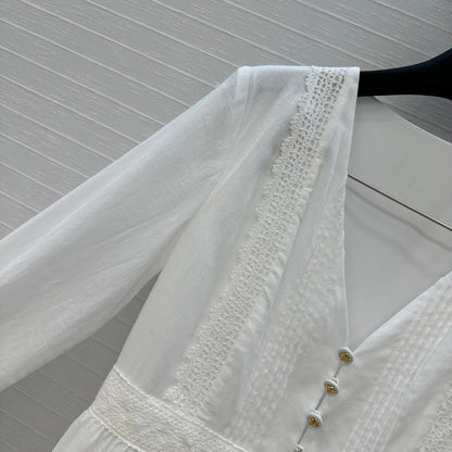 Celine 25 Embroidered V-neck Dress White Cotton
