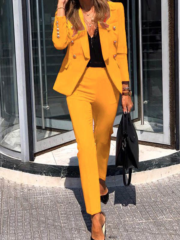 Urban Solid Color Notched Collar Long Sleeves Bracers+H-Line Pants Two Pieces Set