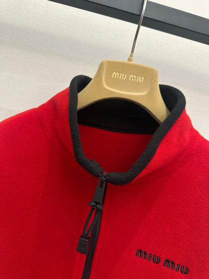 Miu Embroidered Fleece Hooded Zip-Up Jacket Red Cashmere 346102