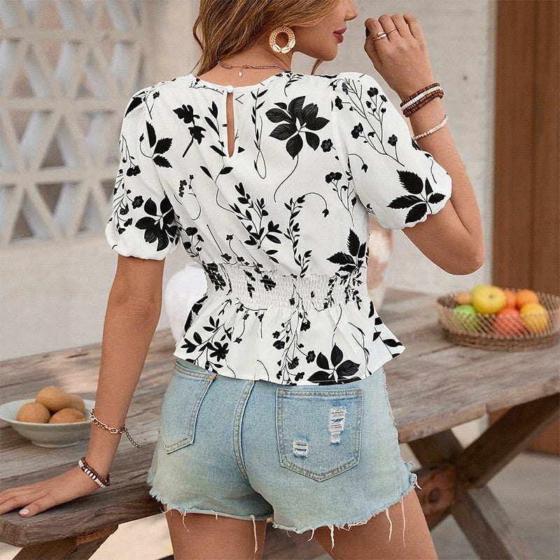 Bubble Sleeve Top With Round Neckline