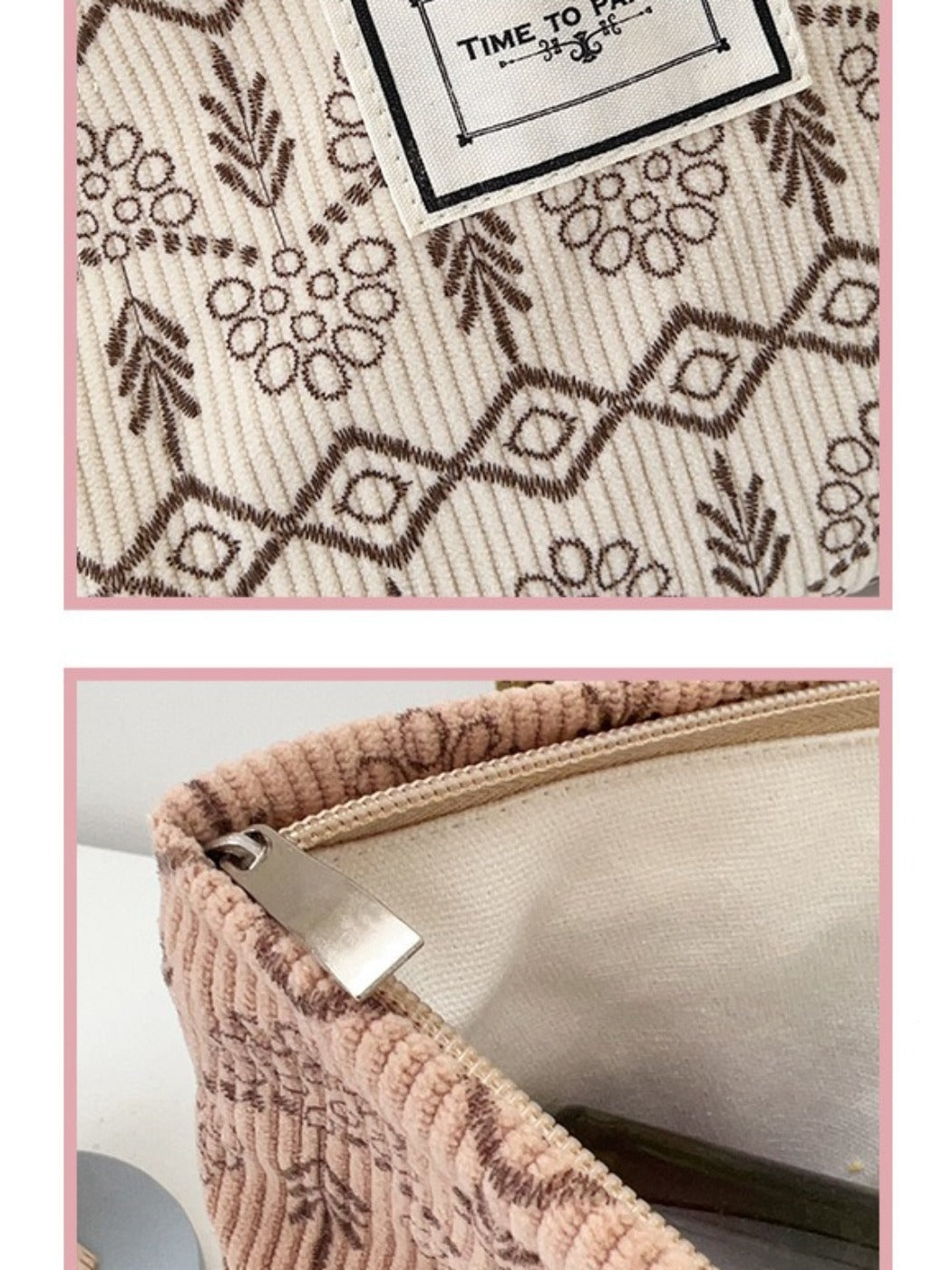 Cosbai - Fabric Geometric &amp; Floral Print Pouch Bag with Zipper