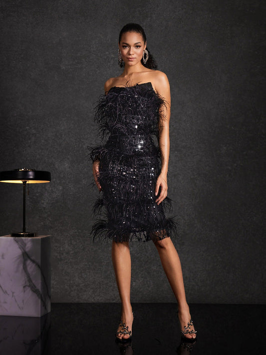 Annika Strapless Feather Sequin Midi Dress
