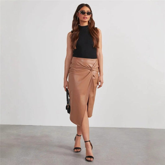 PU High Waist Split Midi Pencil Skirt