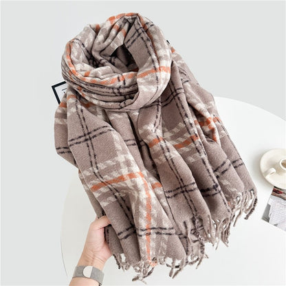 Color Block Plaid Fringe Scarf