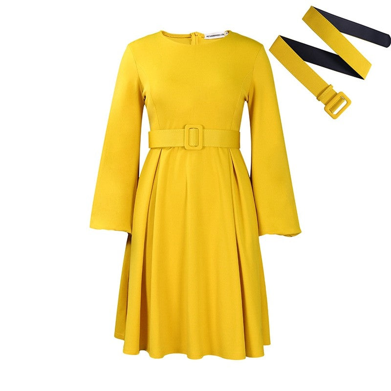 Solid Color Long Sleeve Round Neck Dress With Belt
