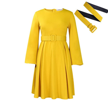 Solid Color Long Sleeve Round Neck Dress With Belt