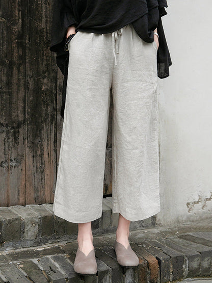Simple Linen Column Elasticity Waist Bandage Pants
