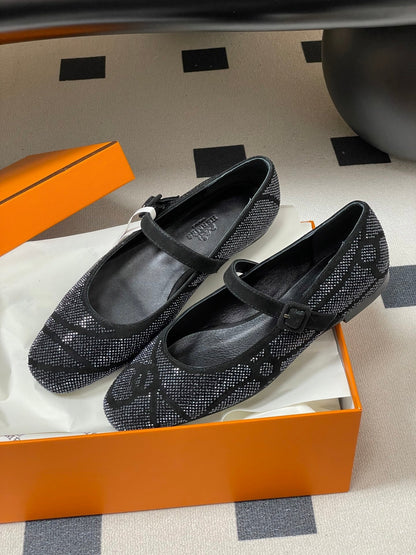 Hermes 26 Light Ballet Flat Metallic Black in Suede 594341