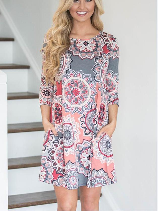 Fashion Print Collar Casual Boho Vacation  Dresses