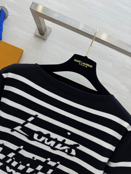 LV 25 Striped Letter Jacquard One-Shoulder Knitted Black White Cotton Polyester