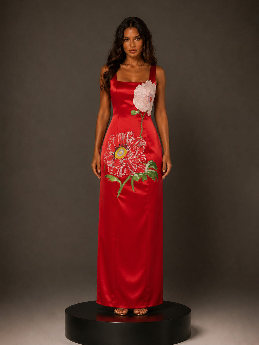 Eloisa Maxi Dress with Embroidered Large Floral Panels