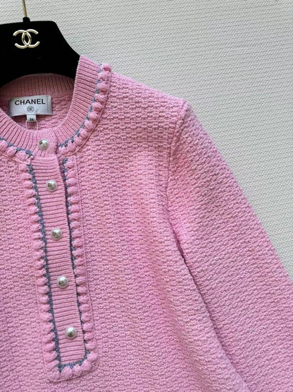 Chanel 25P Long-Sleeve Top Pink Tweed Pearl Buttons
