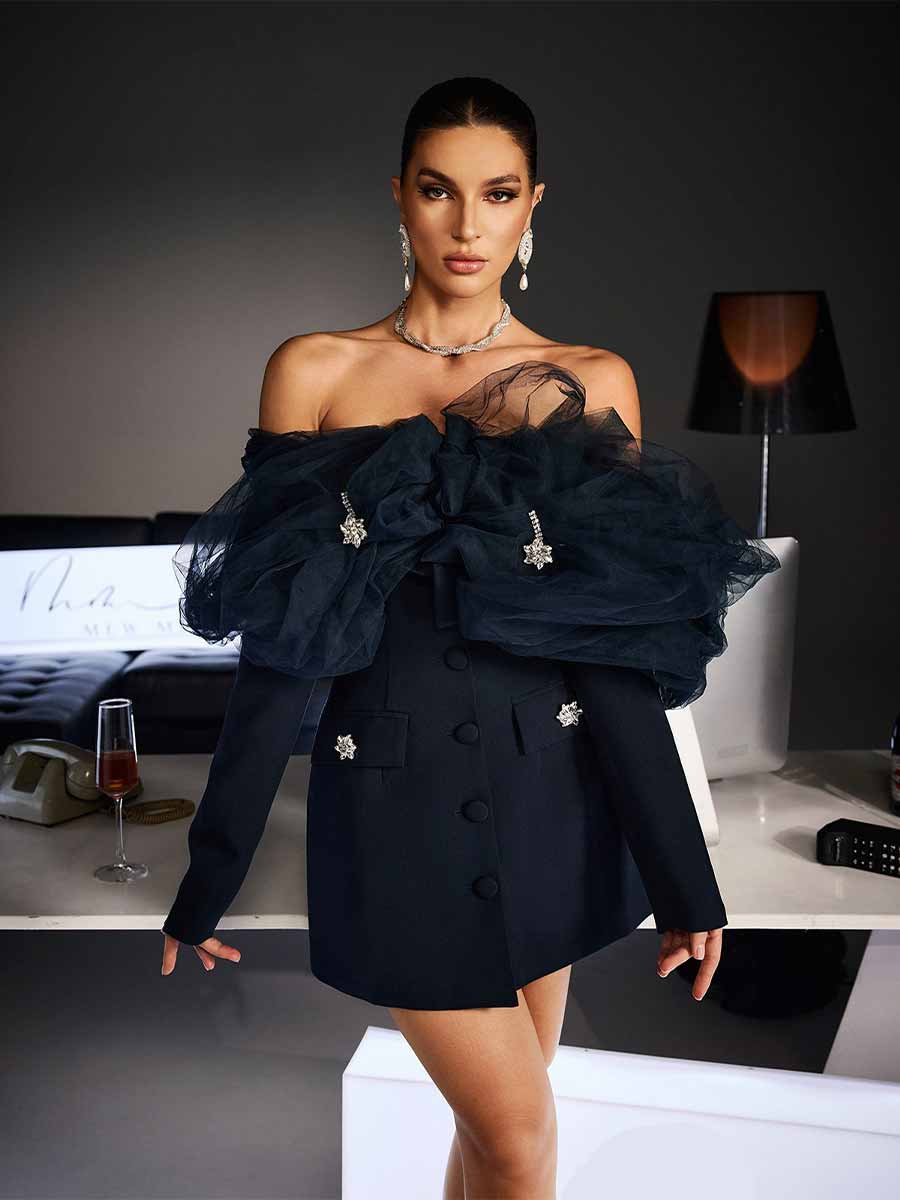 Giselle Off Shoulder Ruffle Mesh Mini Dress