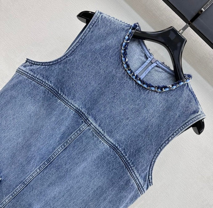 Chanel 2026 Embroidered Denim Vest Dress Blue Cotton 356148