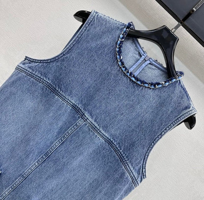 Chanel 2026 Embroidered Denim Vest Dress Blue Cotton 356148