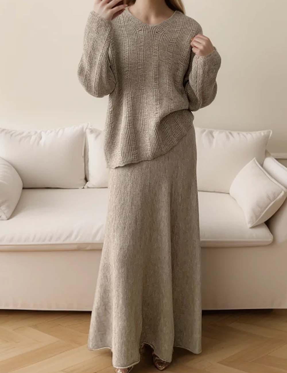 Solid Color Loose Knit Sweater Maxi Skirt Set