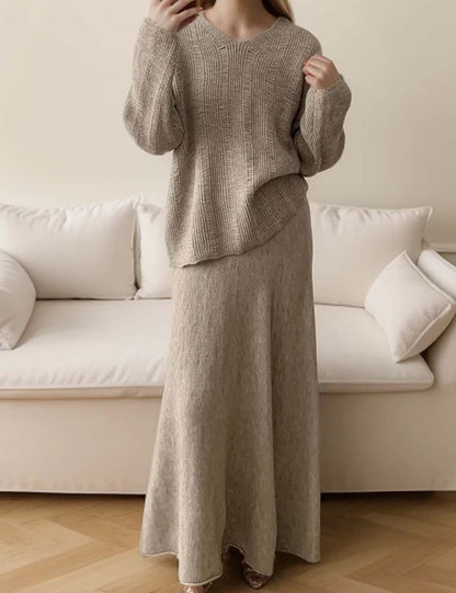 Solid Color Loose Knit Sweater Maxi Skirt Set