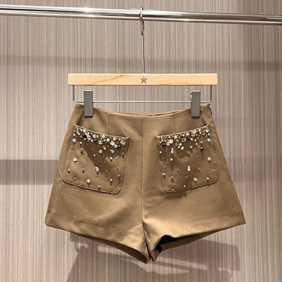 YSL Rhinestone Double Pocket Suit Shorts Light Beige Wool Polyester Rayon