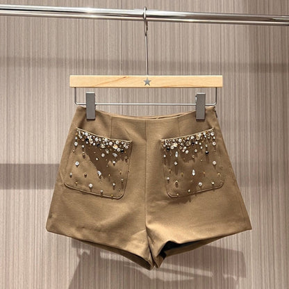 YSL Rhinestone Double Pocket Suit Shorts Light Beige Wool Polyester Rayon