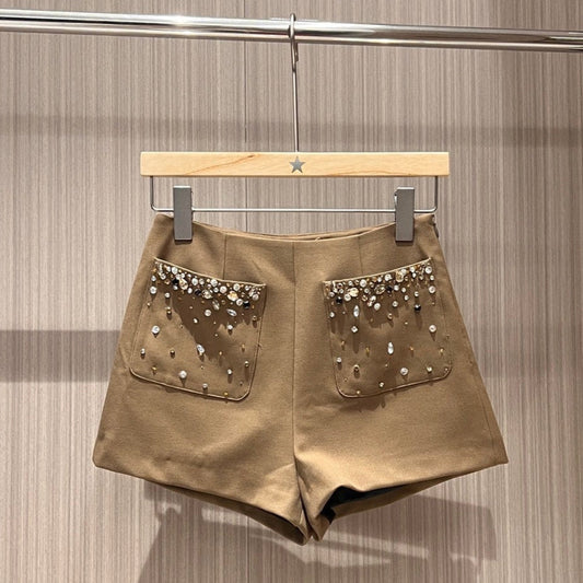 YSL Rhinestone Double Pocket Suit Shorts Light Beige Wool Polyester Rayon
