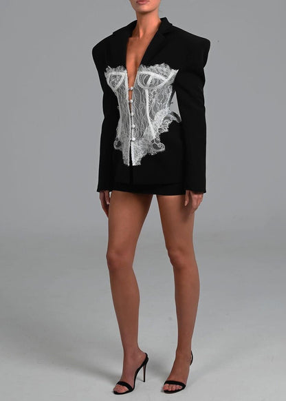 Contrast Lace Blazer Suit Premium Fabric