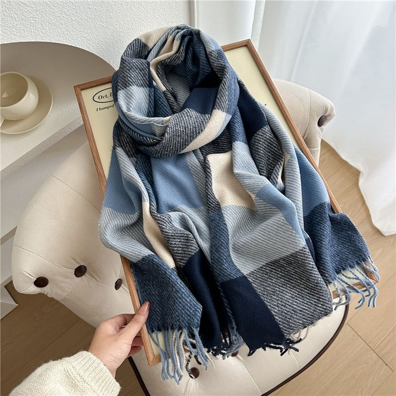 Color Block Plaid Fringe Scarf