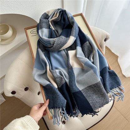Color Block Plaid Fringe Scarf