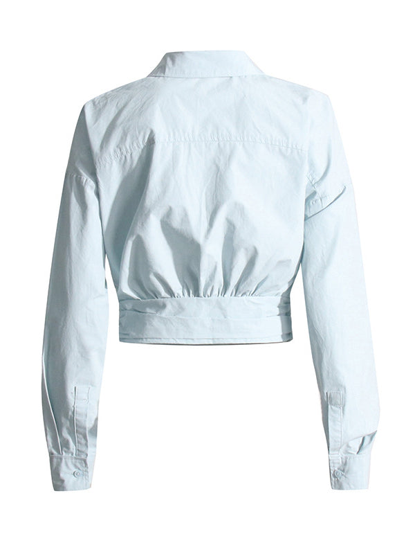 Long Sleeves Loose Buttoned Solid Color Zipper Lapel Collar Shirts Tops