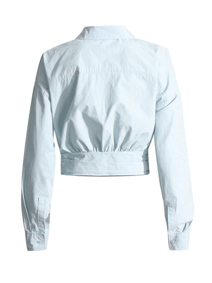 Long Sleeves Loose Buttoned Solid Color Zipper Lapel Collar Shirts Tops