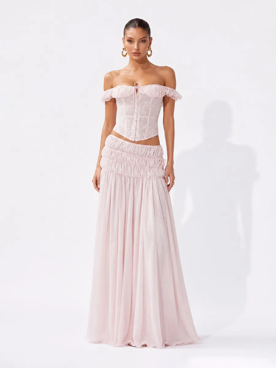 Rebecca Lace Off-Shoulder Top and Pleated Maxi Skirt Set