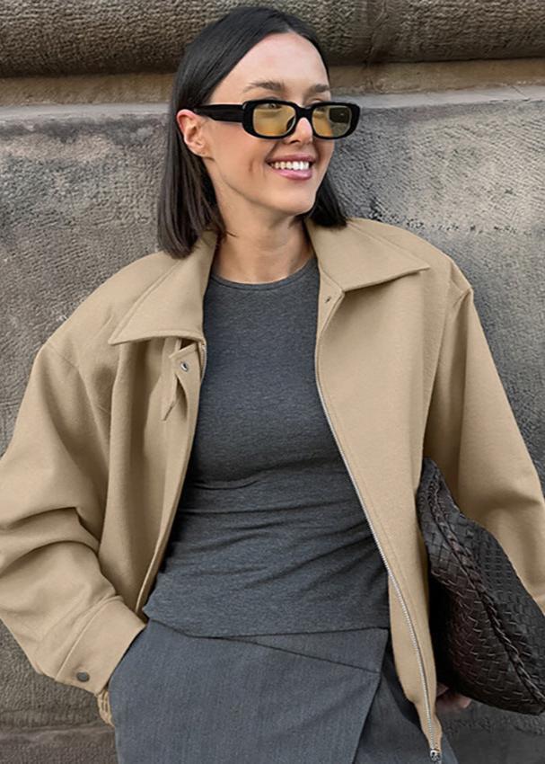 Woolen Lapel Coat Loose Fit Beige Style