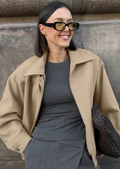 Woolen Lapel Coat Loose Fit Beige Style