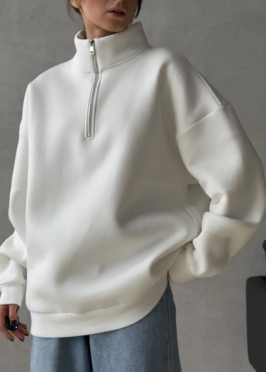 Oversized Cotton Blend Fleece Pullover With Tall Collar
