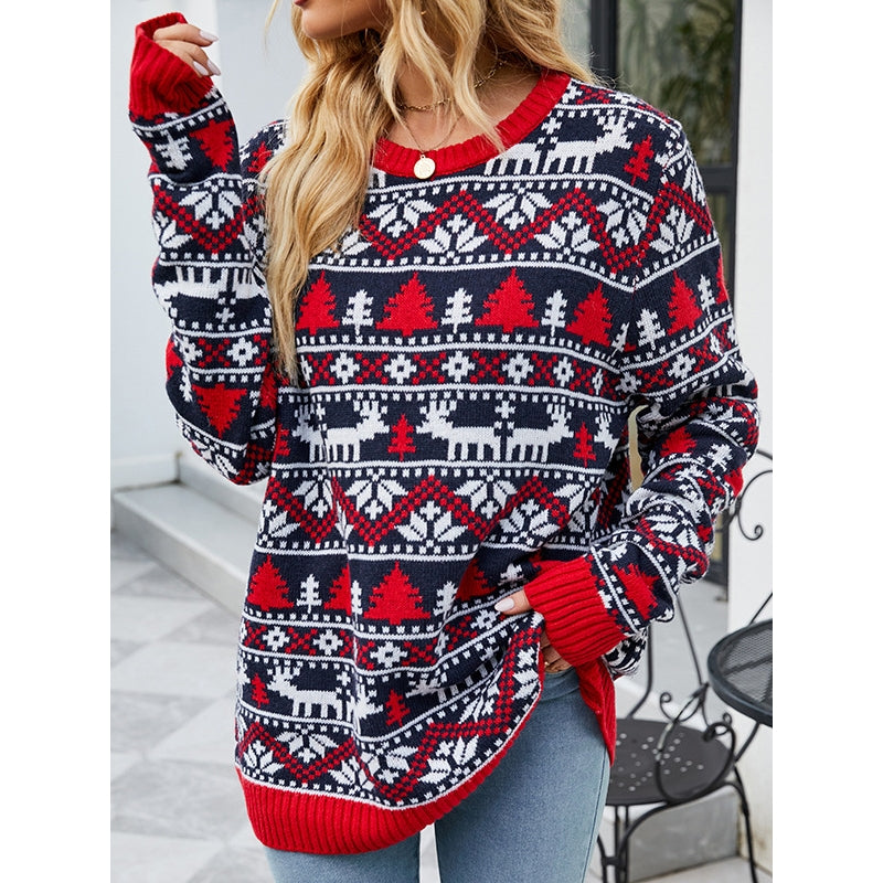 Christmas Loose Long Sleeves Printed Sweater Tops