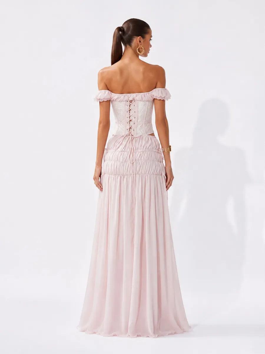Rebecca Lace Off-Shoulder Top and Pleated Maxi Skirt Set