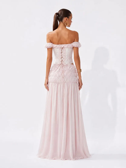 Rebecca Lace Off-Shoulder Top and Pleated Maxi Skirt Set