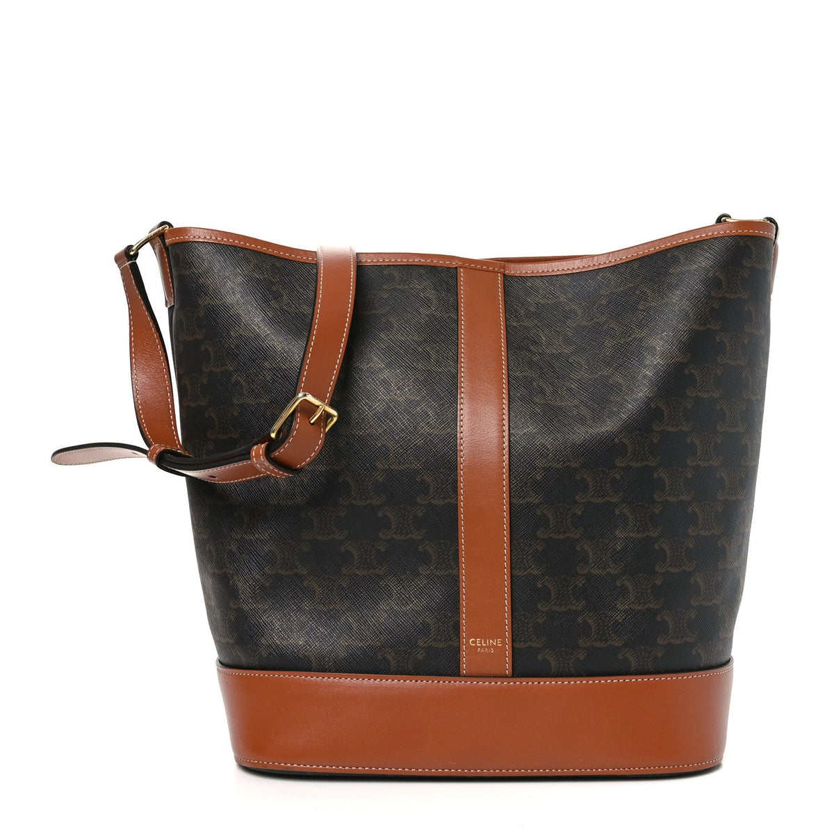 Triomphe Canvas Calfskin Medium Bucket Bag Tan