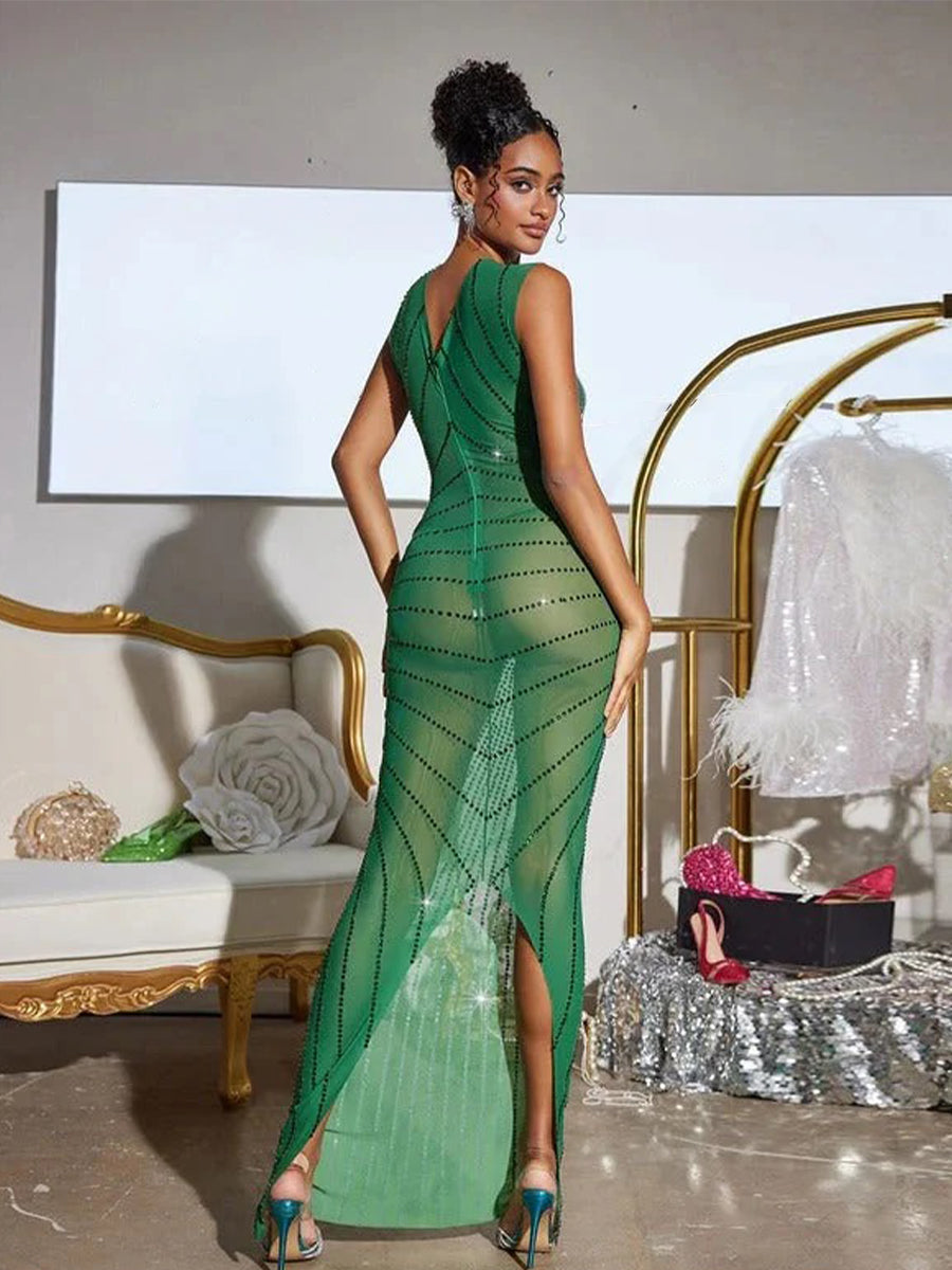 Brody Printed Rhinestone Split Maxi Dress In Green